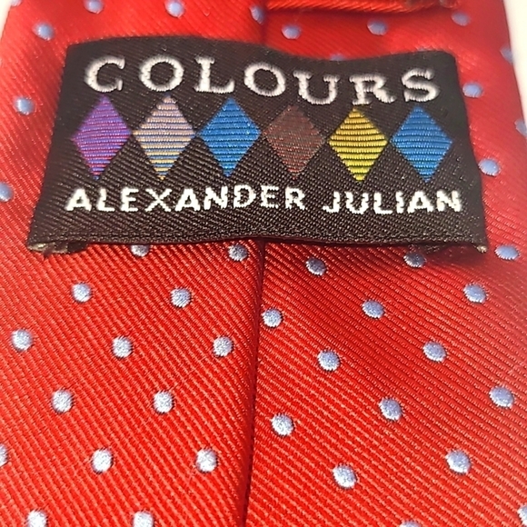 ALEXANDER JULIAN Red Blue Polka Dots Men's Tie - Picture 3 of 4